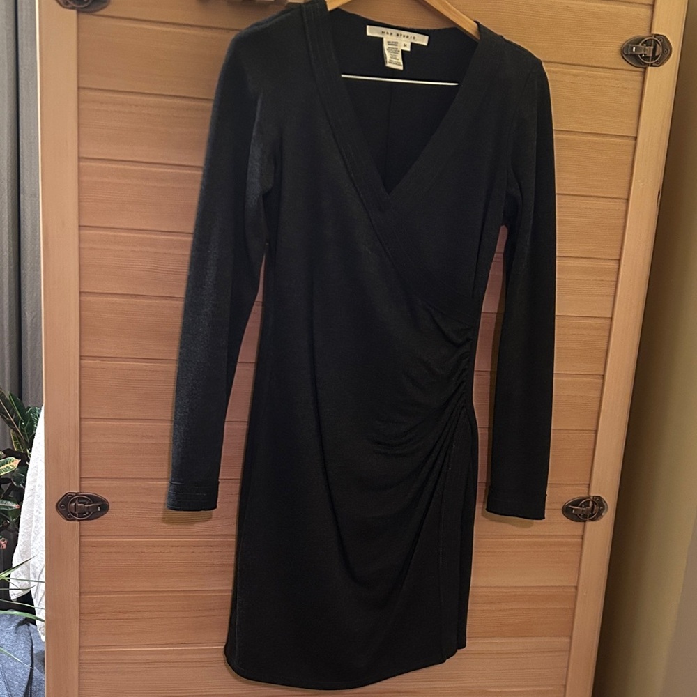 Max Studio Charcoal Long Sleeve Faux-Wrap Dress